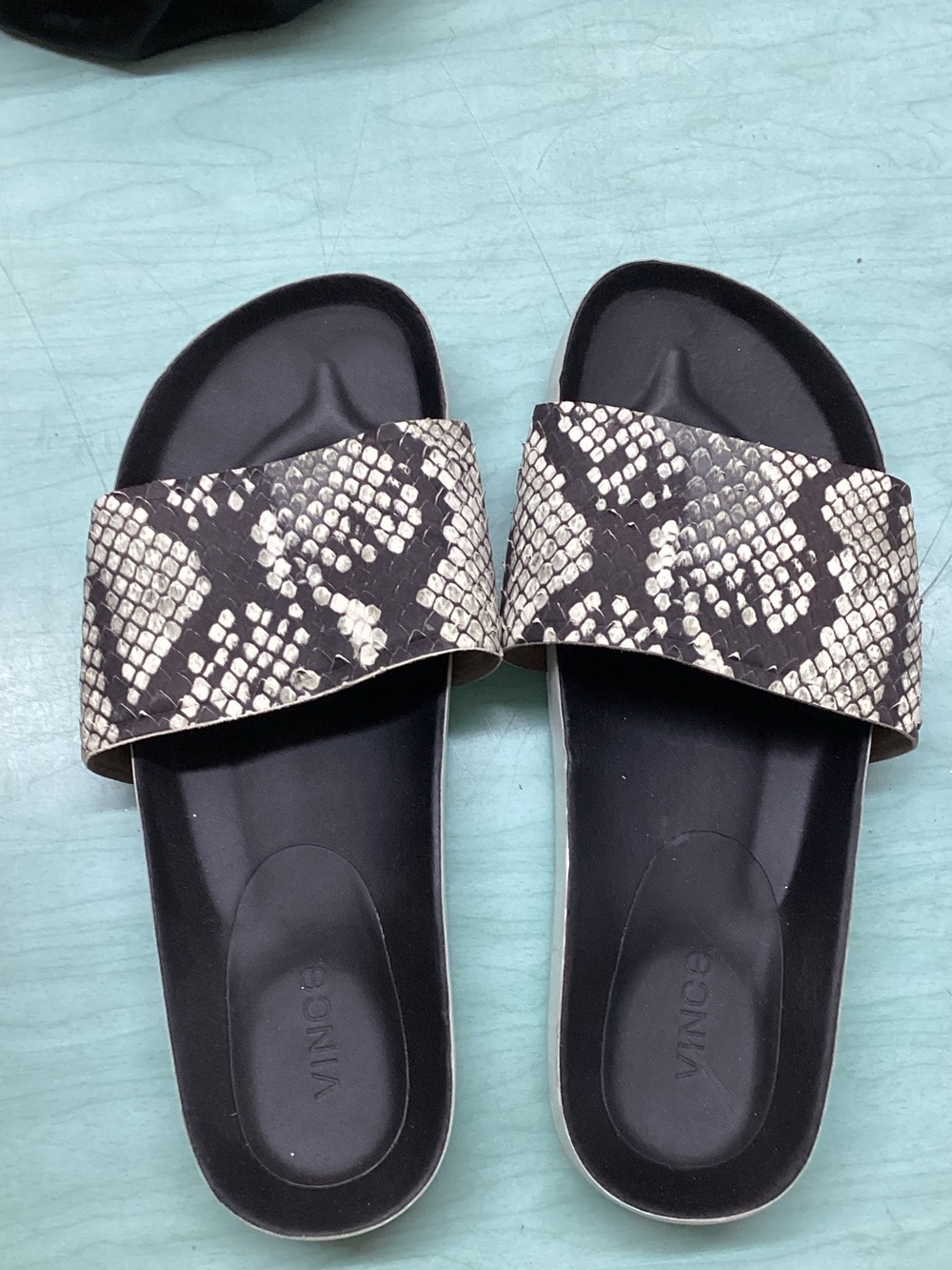 Vince Black Slides with Beige Snake-Print Strap